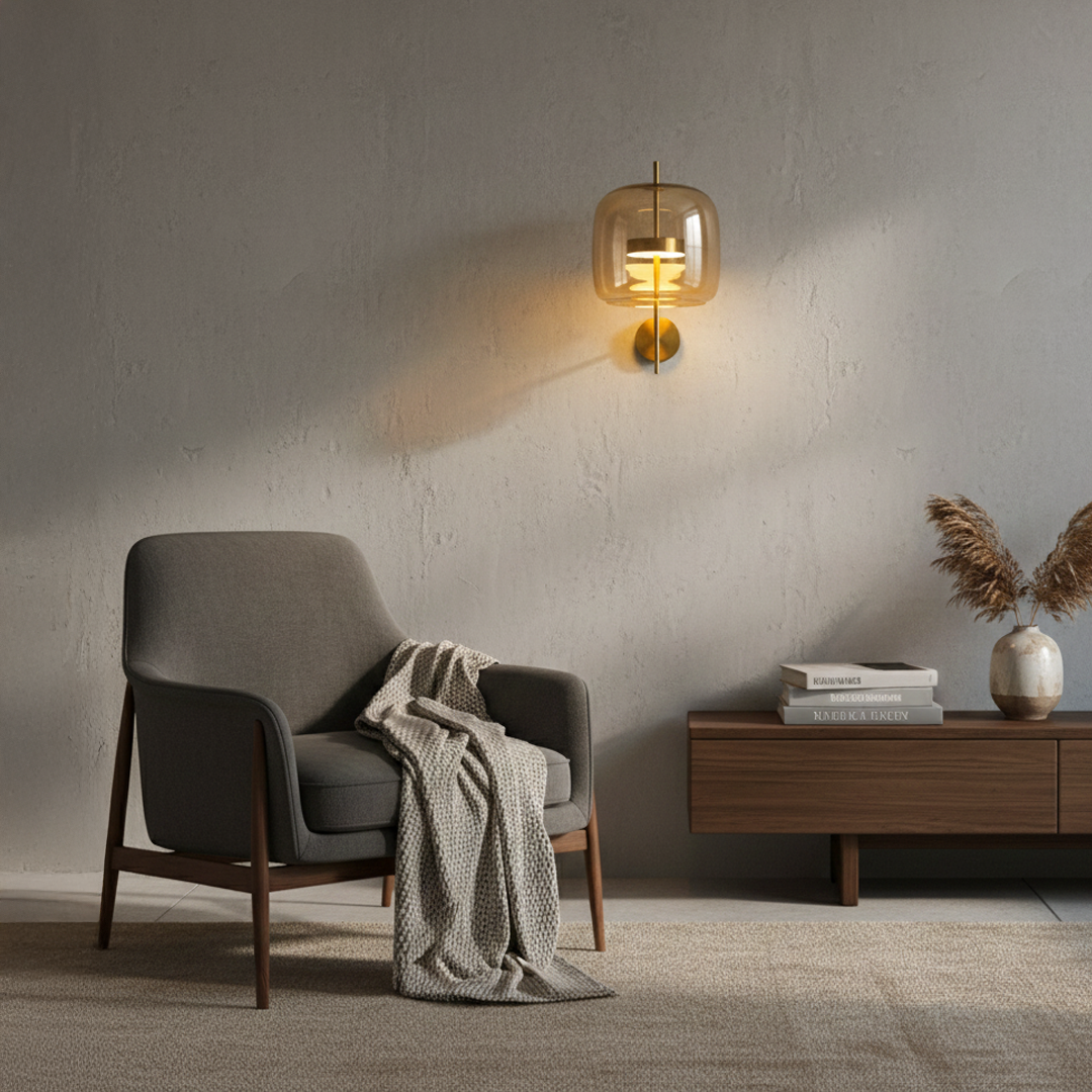 Luxury amber glass wall light with warm glow for modern bedroom and contemporary decor styling spaces.


