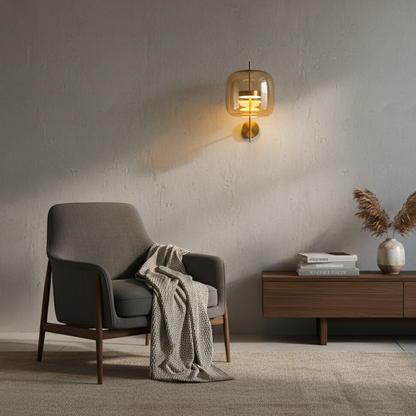 Luxury amber glass wall light with warm glow for modern bedroom and contemporary decor styling spaces.

