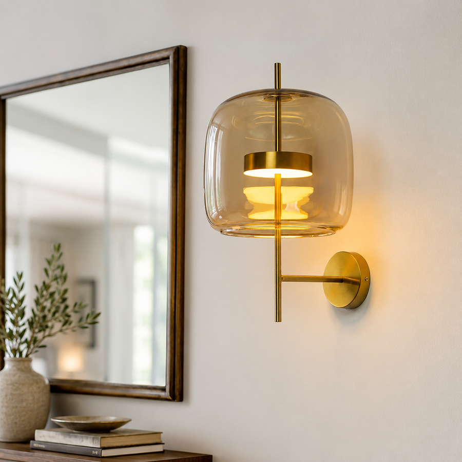Lifestyle image of sunbeam glass shade wall lamp for elegant living room decor styling and modern home lighting.