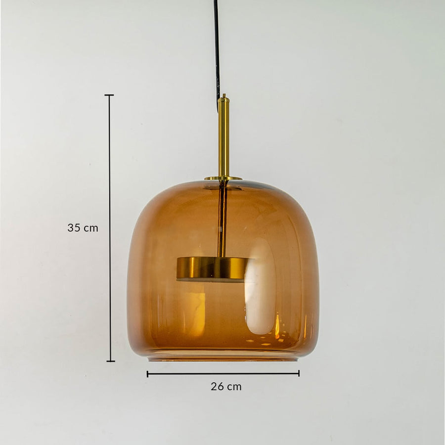 Amber glass pendant light with brushed brass finish displaying size details elegantly.
