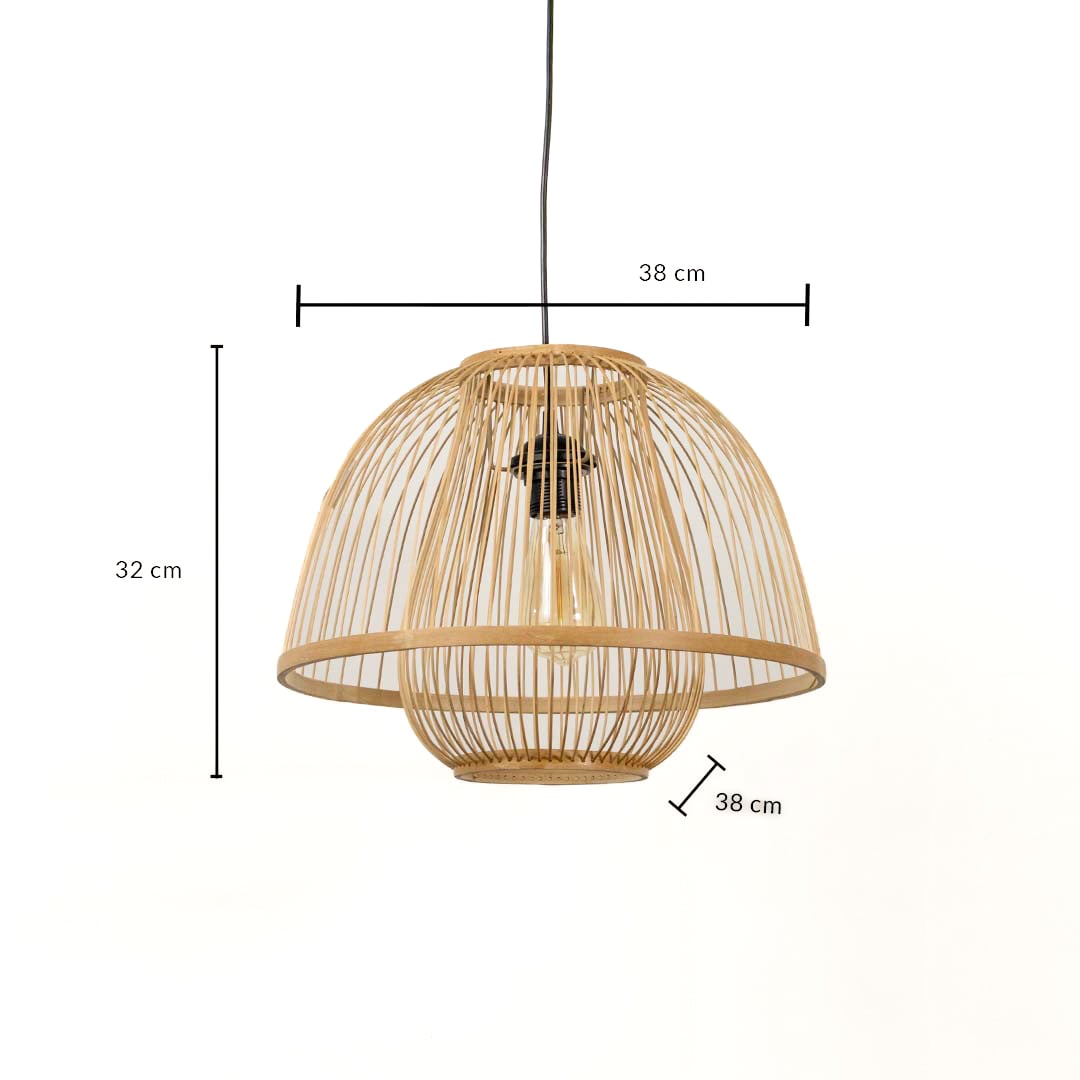 Dimension image of domed natural bamboo slat pendant light with layered cage frame showing 32 cm height and 38 cm width.