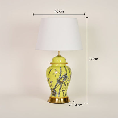 Yellow ceramic table lamp showing 72 cm height 40 cm shade width and 19 cm base diameter for bedside placement.