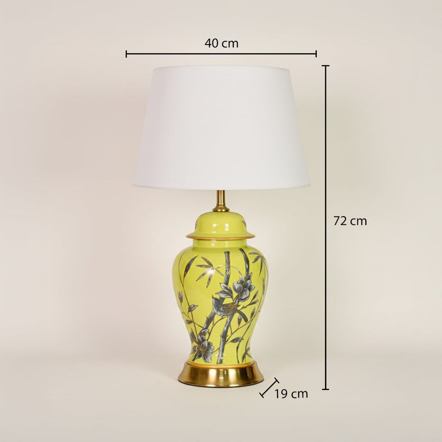 Yellow ceramic table lamp showing 72 cm height 40 cm shade width and 19 cm base diameter for bedside placement.