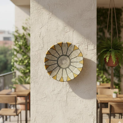 Handcrafted round metal wall decor in gold and grey finish mounted on balcony wall adding artistic texture and elegant outdoor lifestyle accent.