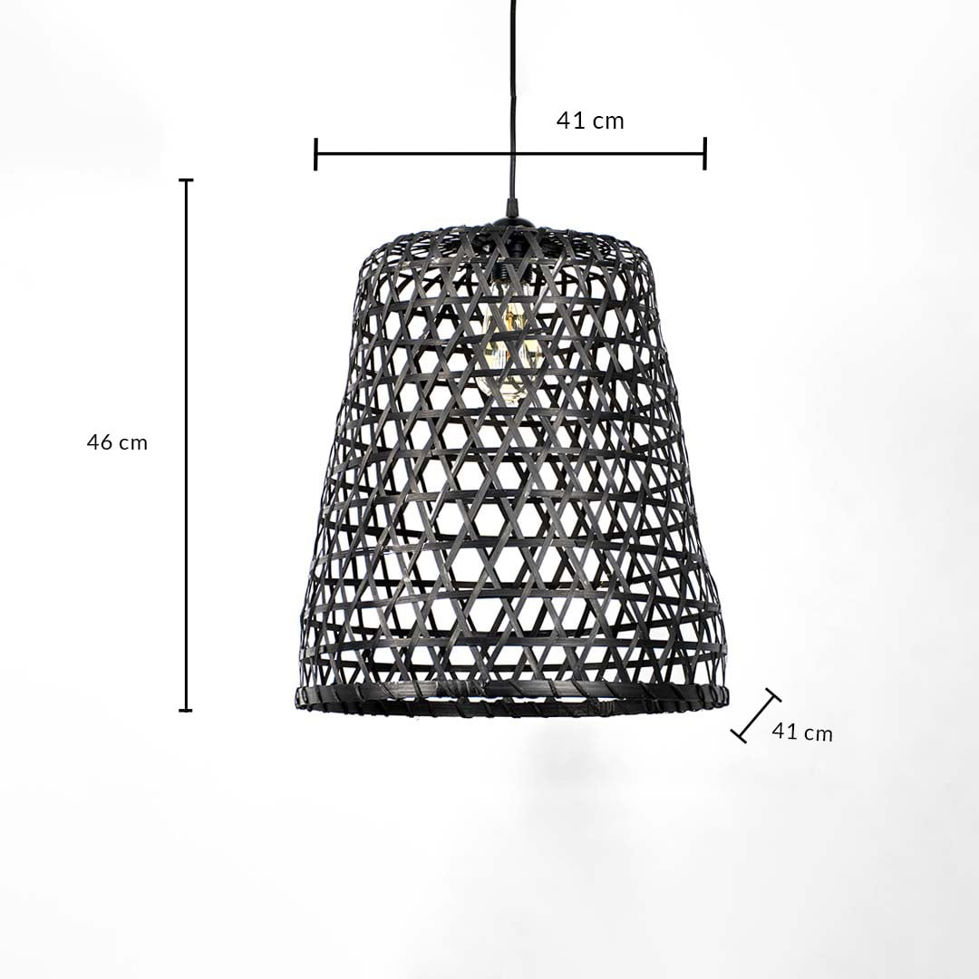 Woven bamboo pendant light dimension image showing 46 cm height and 41 cm width for accurate size reference.