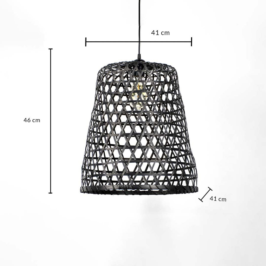Woven bamboo pendant light dimension image showing 46 cm height and 41 cm width for accurate size reference.