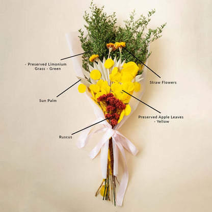 Yellow button flower and green foliage dried bouquet wrapped with a pink ribbon for rustic gifting on white background.