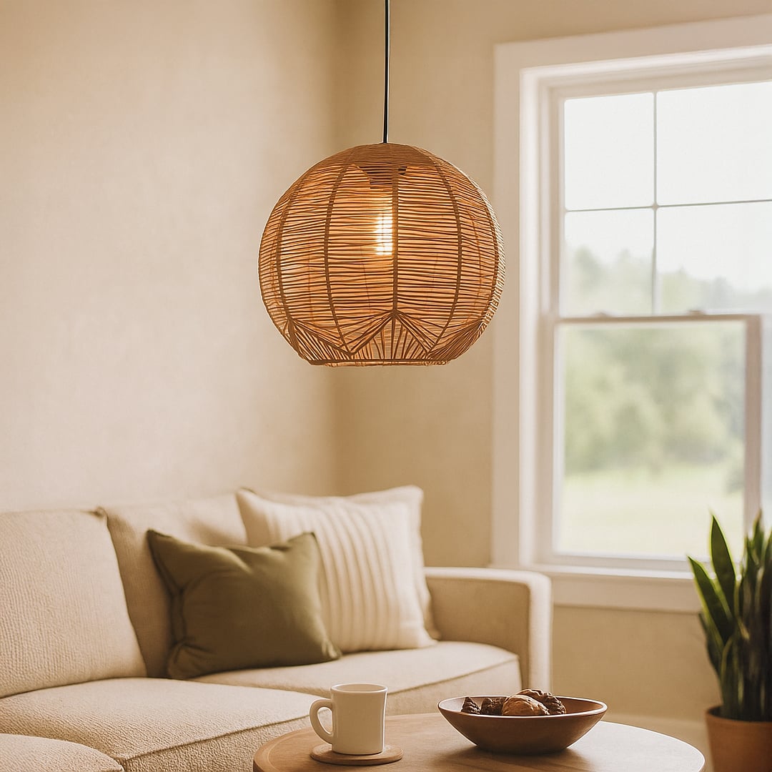 Round rattan pendant light adding a natural boho charm and warm earthy vibe to modern interiors.