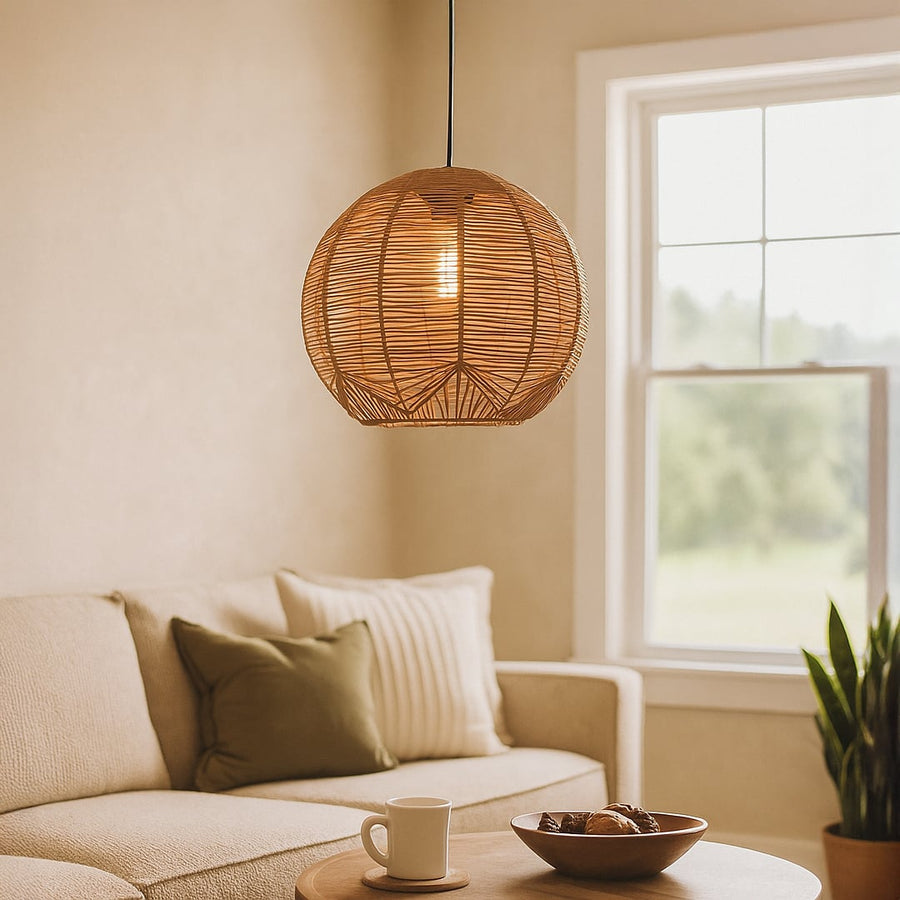 Round rattan pendant light adding a natural boho charm and warm earthy vibe to modern interiors.