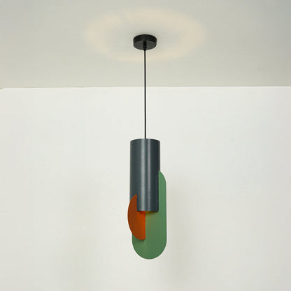 Charcoal metal pendant light with orange and green glass accents for contemporary home decor spaces.