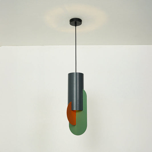 Modern pendant light with green and orange metal shades hanging from ceiling on neutral background ideal for contemporary living room or dining lighting.