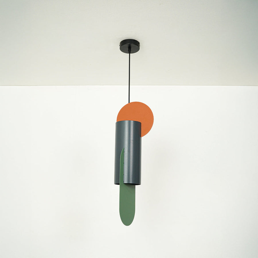 Charcoal metal pendant light with colorful details and sleek contemporary styling for home decor.