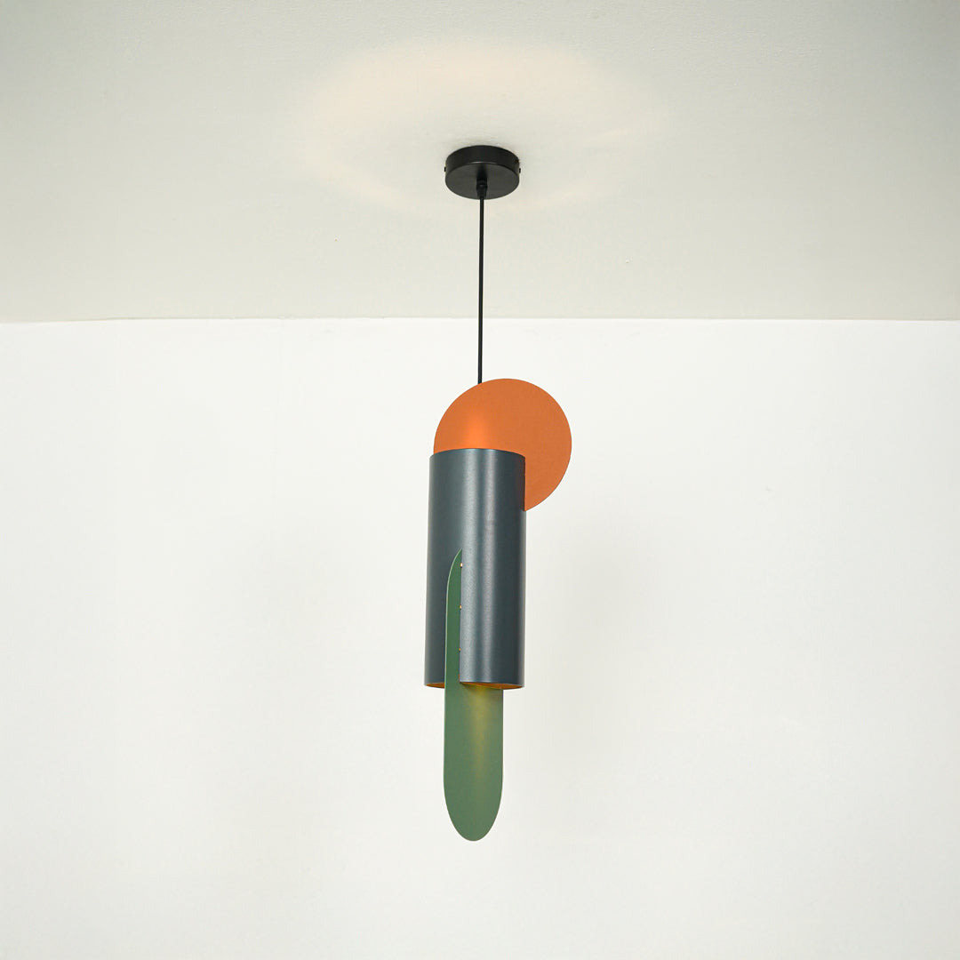 Charcoal metal pendant light with orange and green accents designed for artistic modern interiors.