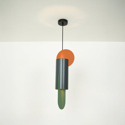 Charcoal metal pendant light with orange and green accents designed for artistic modern interiors.