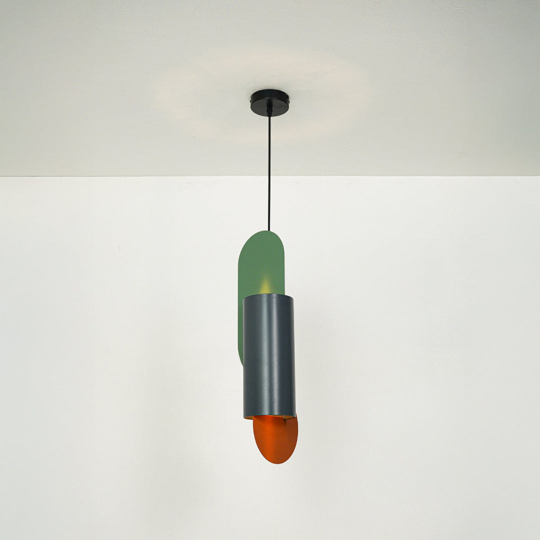 Charcoal metal pendant light featuring green and orange details for stylish contemporary decor.