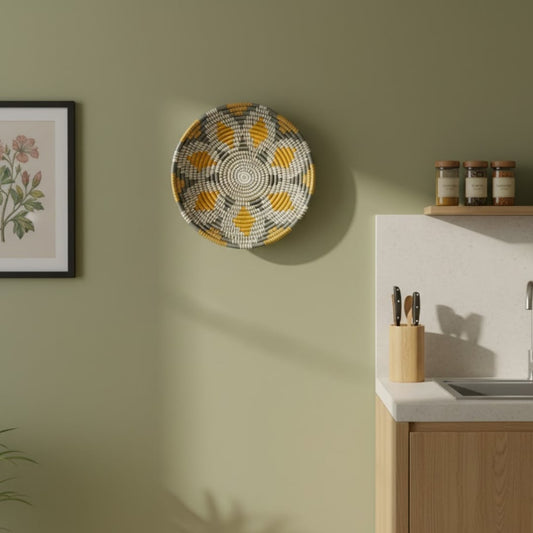Decorative round metal wall art in gold and neutral tones mounted above kitchen counter adding warm artistic charm to modern home lifestyle.
