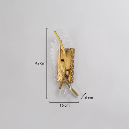 Gold decorative wall light with sculpted acrylic design shown with 42 cm height and 16 cm width for accurate sizing.