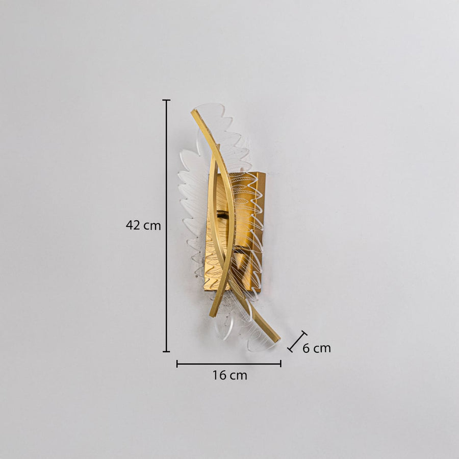 Gold decorative wall light with sculpted acrylic design shown with 42 cm height and 16 cm width for accurate sizing.