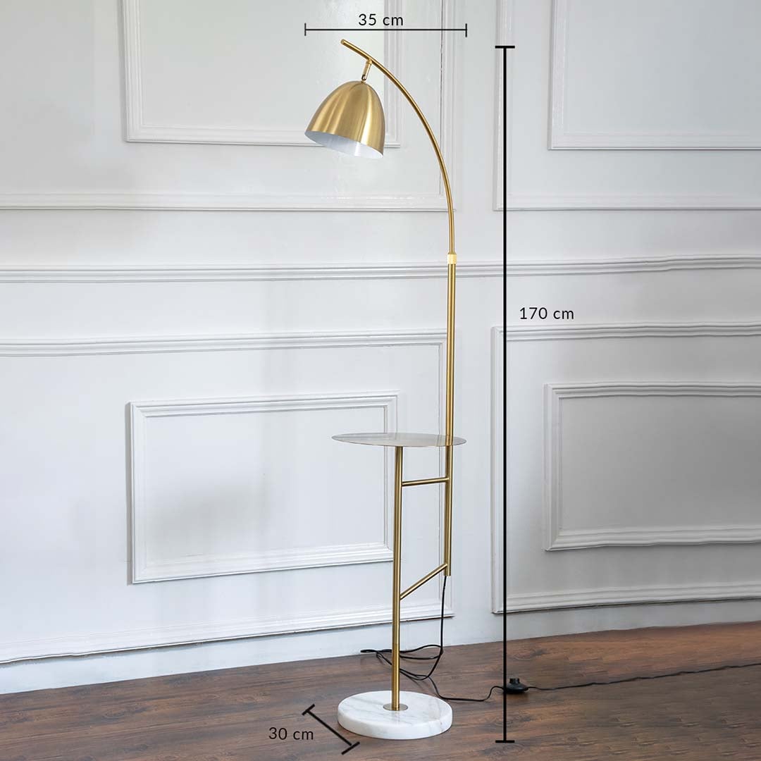 Dimensions image of gold floor lamp with side table and marble base showing 170 cm height 35 cm shade and 30 cm base.