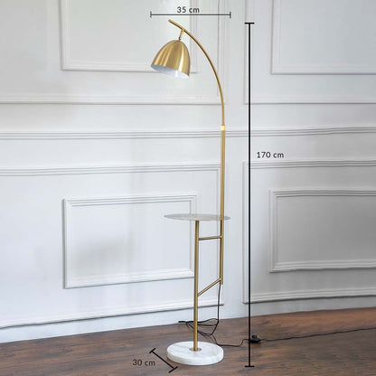 Dimensions image of gold floor lamp with side table and marble base showing 170 cm height 35 cm shade and 30 cm base.
