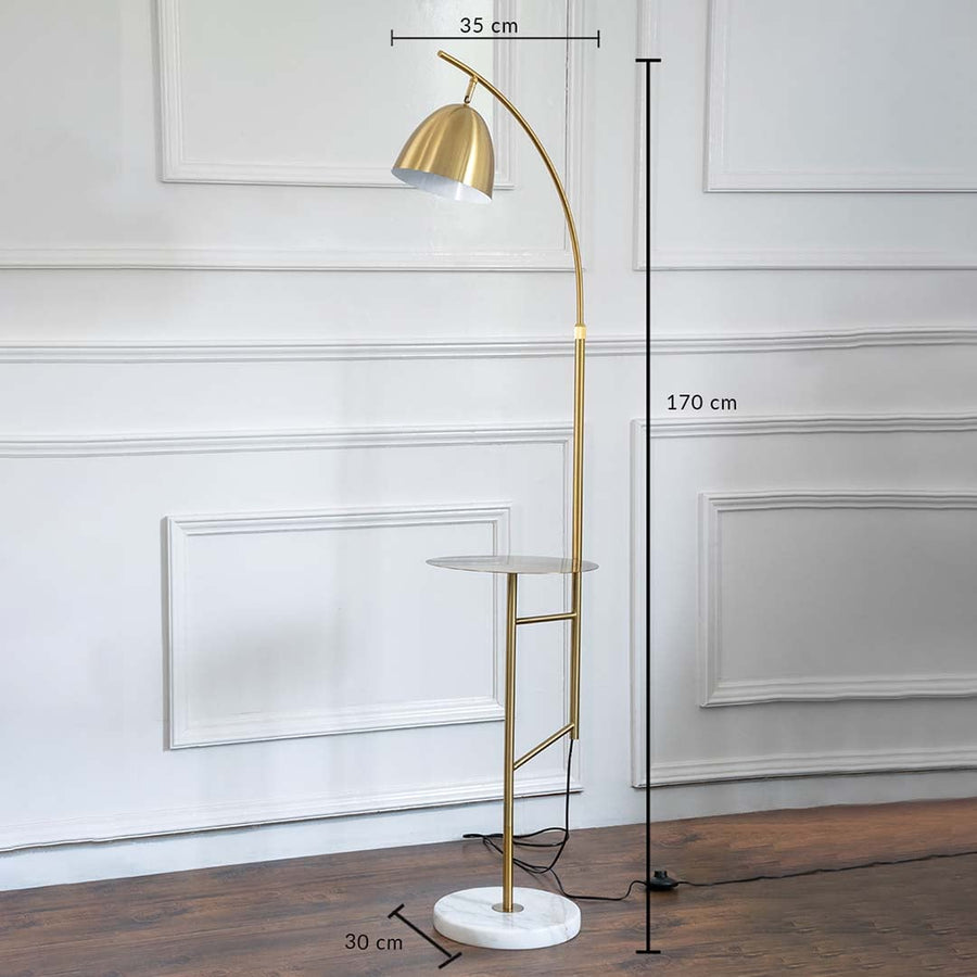 Dimensions image of gold floor lamp with side table and marble base showing 170 cm height 35 cm shade and 30 cm base.