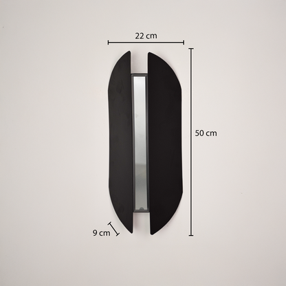 Wall light dimensions image showing 50 cm height with 22 cm width and 9 cm depth highlighting the sleek black metal wall light design.