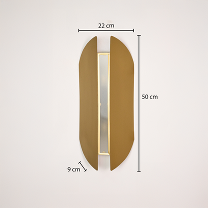 Wall light dimensions image showing 50 cm height with 22 cm width and 9 cm depth highlighting the sleek gold metal wall light design.