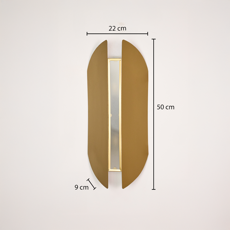 Wall light dimensions image showing 50 cm height with 22 cm width and 9 cm depth highlighting the sleek gold metal wall light design.