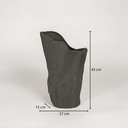 Black ceramic decorative floor vase showing 27 cm width 15 cm depth and 43 cm height ideal for living room floor decor display.