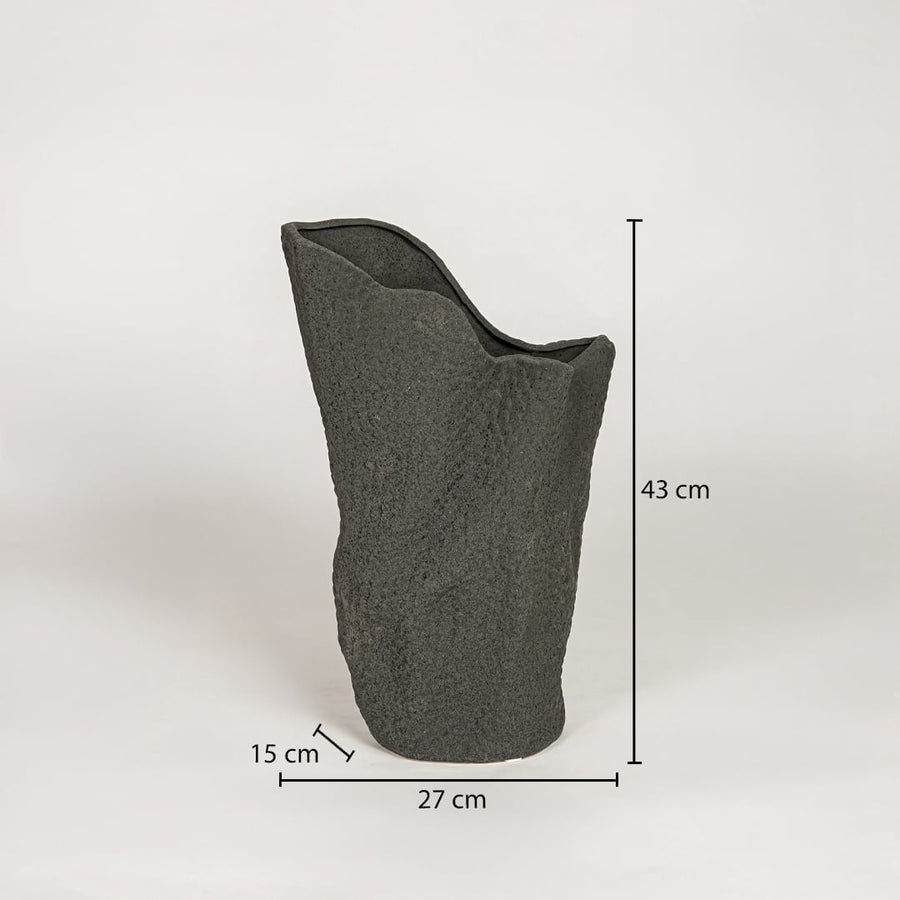Black ceramic decorative floor vase showing 27 cm width 15 cm depth and 43 cm height ideal for living room floor decor display.