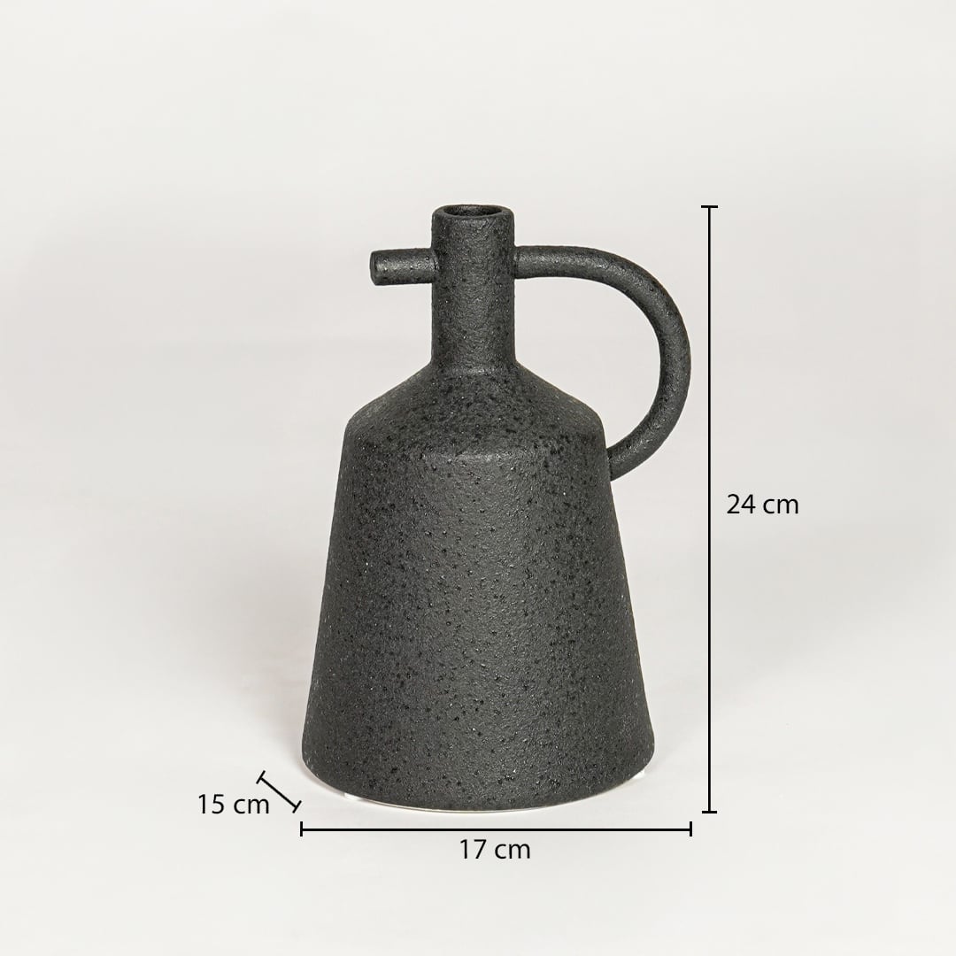 Black ceramic decorative vase showing 17 cm width 15 cm depth and 24 cm height ideal for console table decor display.