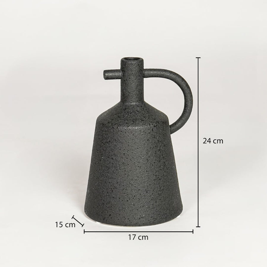 Black ceramic decorative vase showing 17 cm width 15 cm depth and 24 cm height ideal for console table decor display.