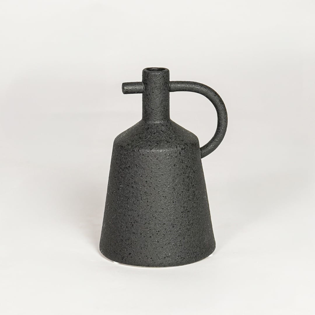 Modern black ceramic decorative vase with sculpted handle ideal for console table shelf and stylish home decor.