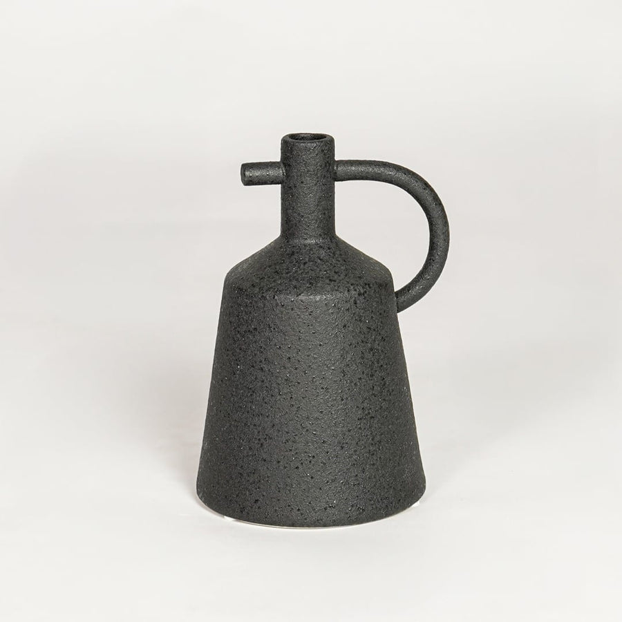 Modern black ceramic decorative vase with sculpted handle ideal for console table shelf and stylish home decor.