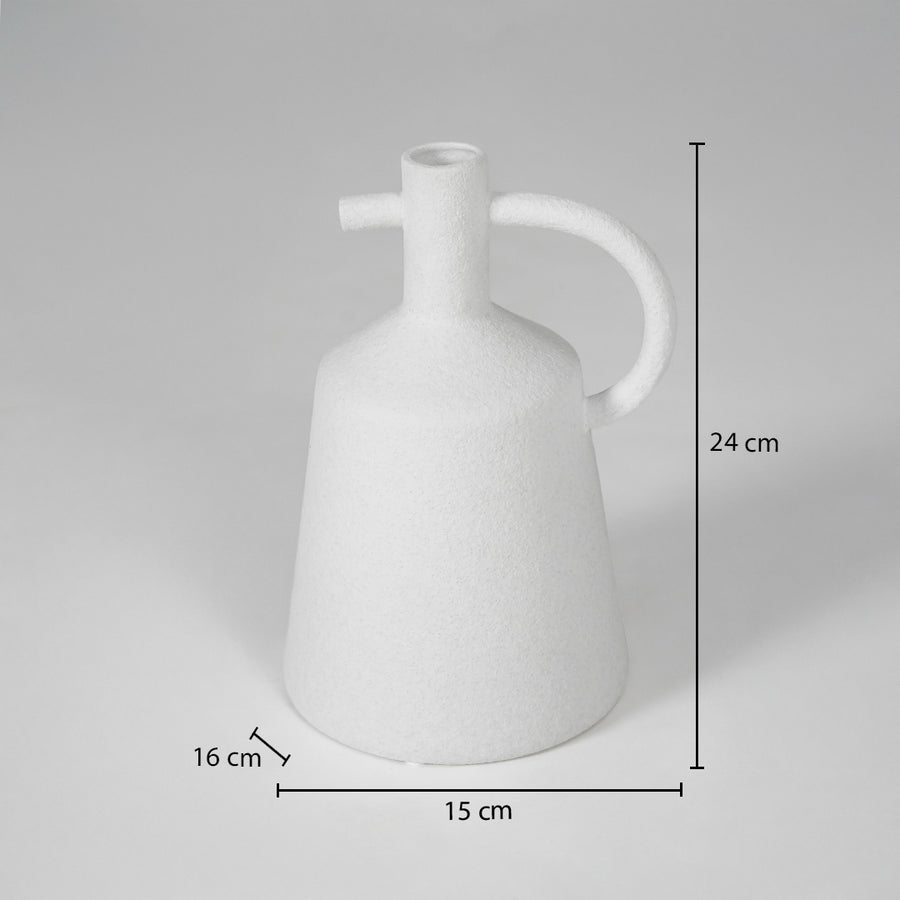 White ceramic decorative vase dimension image with 24 cm height and 15 cm width for modern shelf decor.
