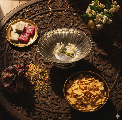 A silver serving bowl resting on an intricately carved wooden table surrounded by traditional snacks flowers and decor elements creating a rich festive ambience.