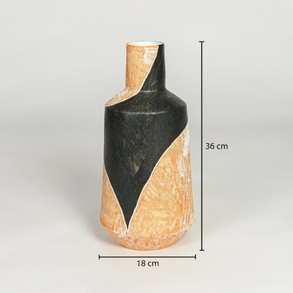 Orange and black ceramic decorative vase showing 36 cm height and 18 cm width suitable for table shelf or console placement.
