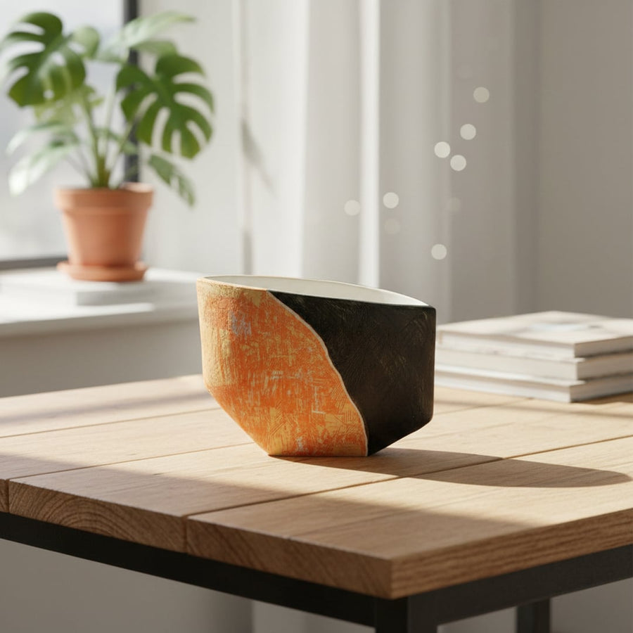 Orange and black ceramic planter displayed on wooden table in sunlit room with indoor plant and books nearby.