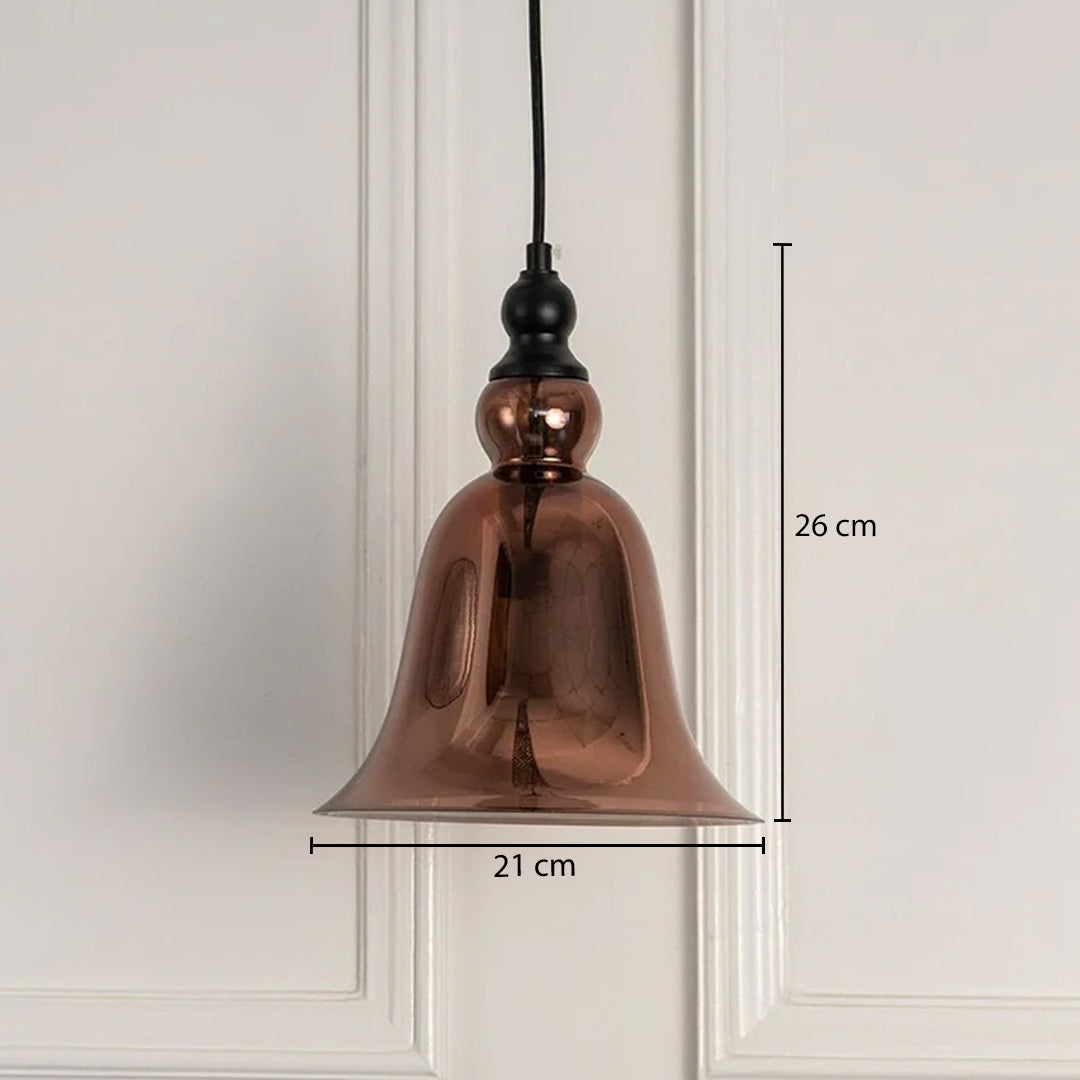 Dimension image of copper finish metal pendant light with bell shape showing 26 cm height and 21 cm width.