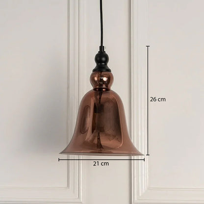 Dimension image of copper finish metal pendant light with bell shape showing 26 cm height and 21 cm width.