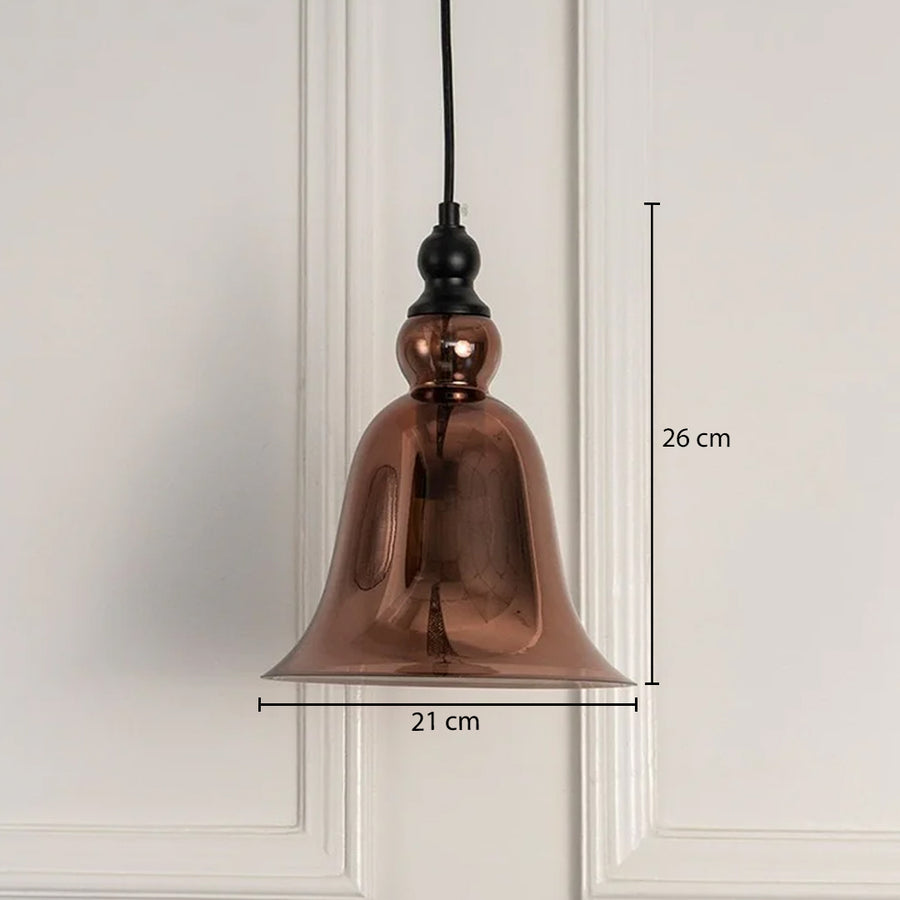 Dimension image of copper finish metal pendant light with bell shape showing 26 cm height and 21 cm width.