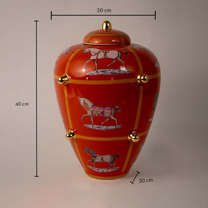Dimension image orange ceramic ginger jar vase with horse motifs golden knobs size 40x30cm elegant home decor piece.