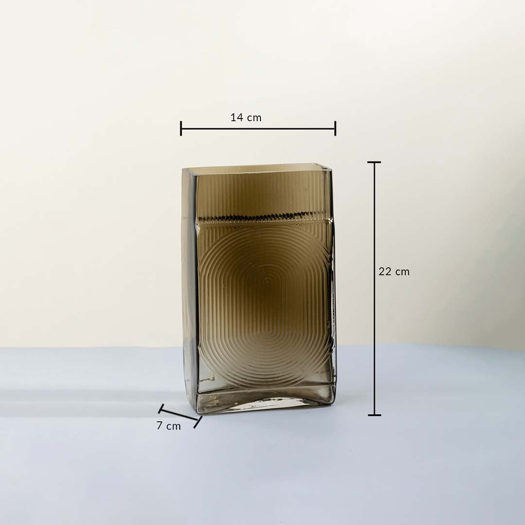 Ribbed glass vase 22 cm height 14 cm width 7 cm depth smoke brown rectangular modern decor piece light on white background styling.