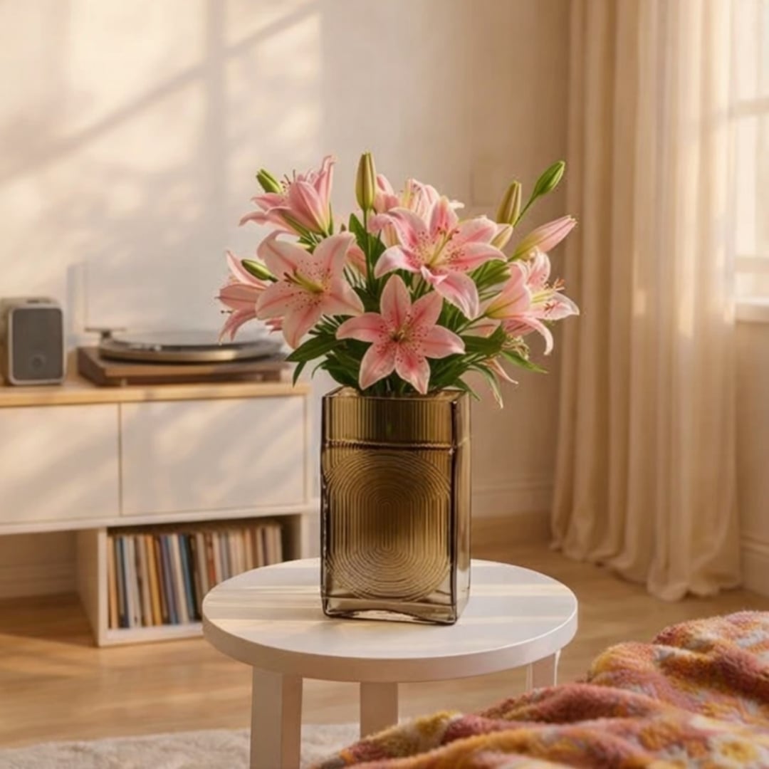 Smoke grey glass decorative vase styled with pink flowers on a side table for elegant modern home decor settings.