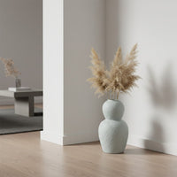 White textured ceramic vase lifestyle image with pampas grass for elegant minimalist corner table decor.