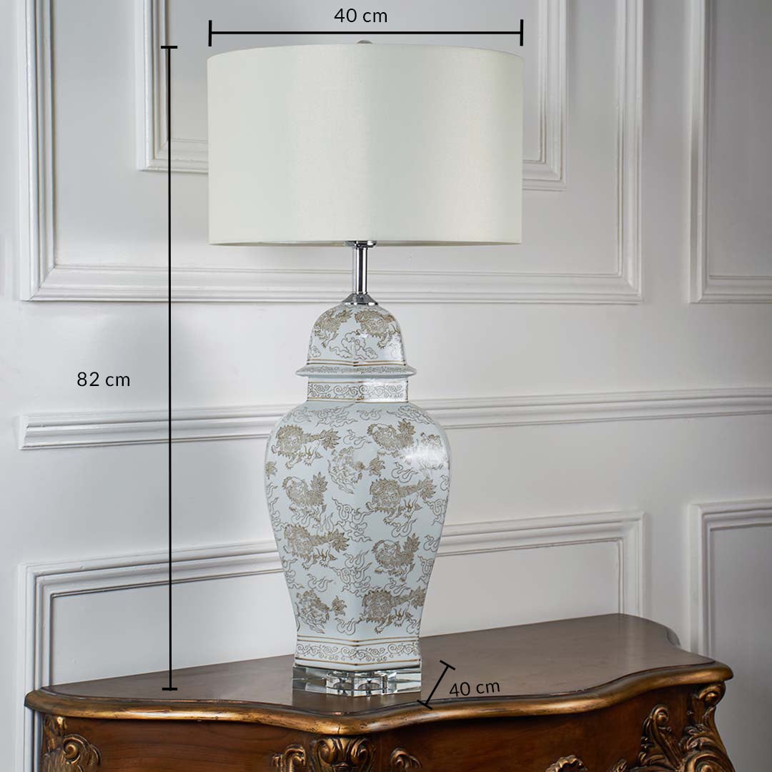 Ceramic table lamp with floral patterned base and drum shade dimensions height 82 cm width 40 cm base 40 cm table lamp.