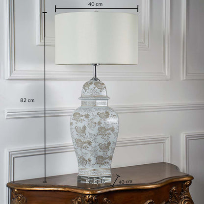 Ceramic table lamp with floral patterned base and drum shade dimensions height 82 cm width 40 cm base 40 cm table lamp.