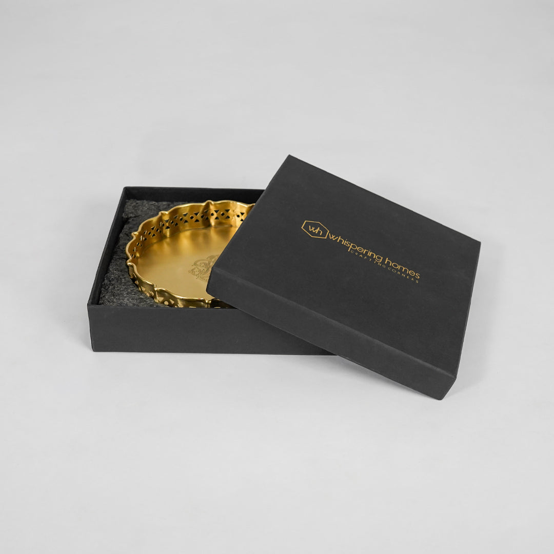 Antique gold metal serving tray with decorative detailing presented in premium gift box packaging for gifting.