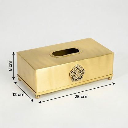 Dimension image of antique gold metal tissue box holder showing 8 cm height with 25 cm length and 12 cm width.