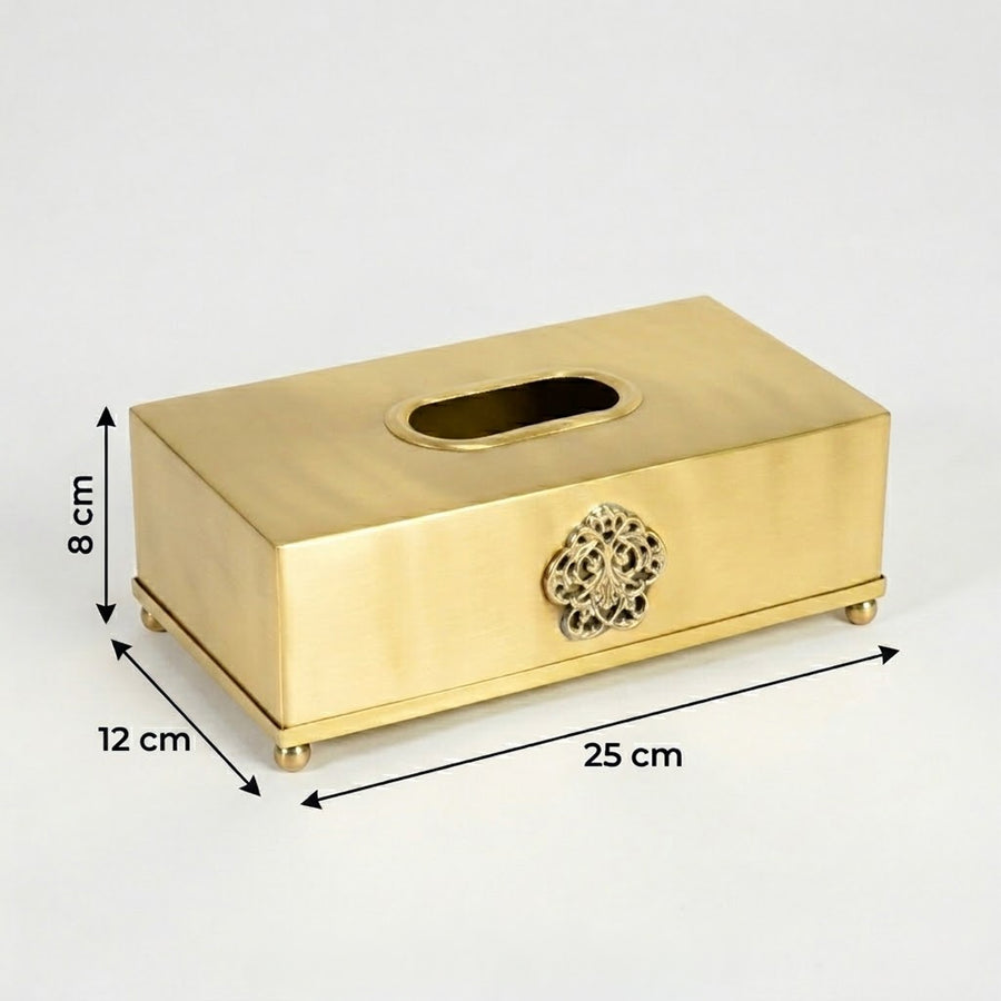Dimension image of antique gold metal tissue box holder showing 8 cm height with 25 cm length and 12 cm width.